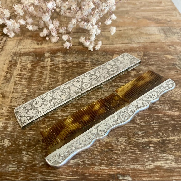 Antique Silver Plated Gold Engraved Comb Box Made in Denmark Flower Pattern - Picture 13 of 14